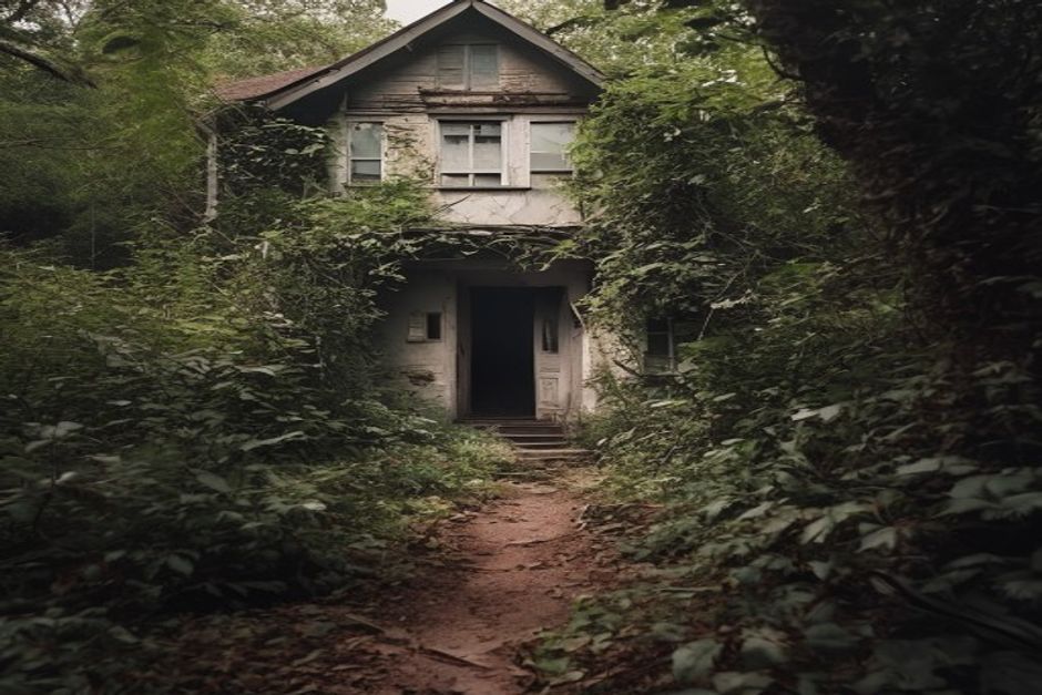 Custo reforma casa abandonada: Uma casa antiga e charmosa, parcialmente escondida por vegetação exuberante, em um dia ensolarado.
