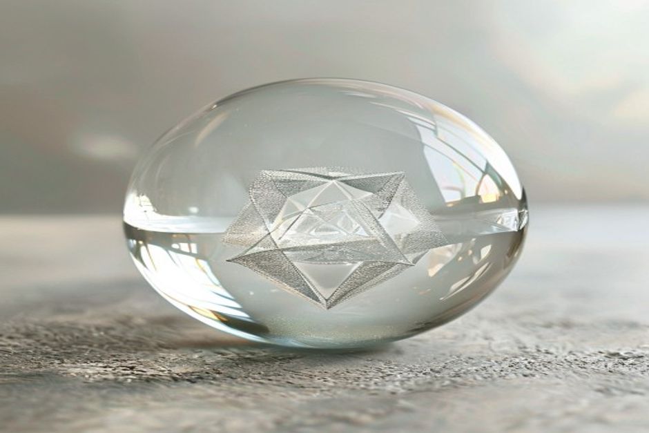 Uma esfera de vidro transparente contendo uma forma geométrica complexa em uma superfície neutra.