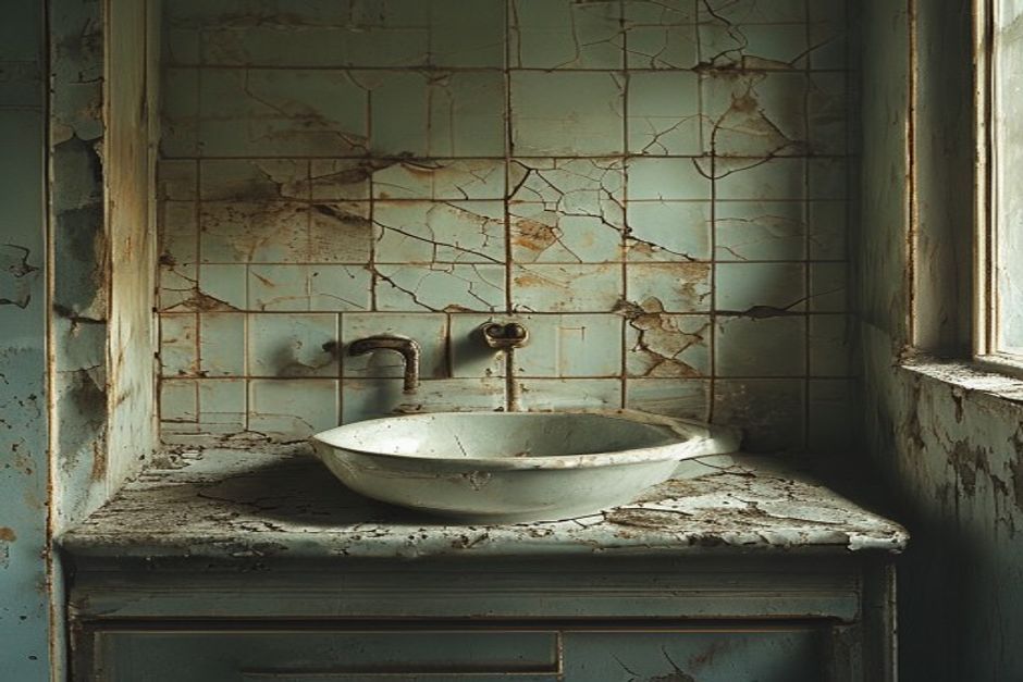 Um banheiro antigo e desgastado de uma casa abandonada, com azulejos rachados e pia descolorida.