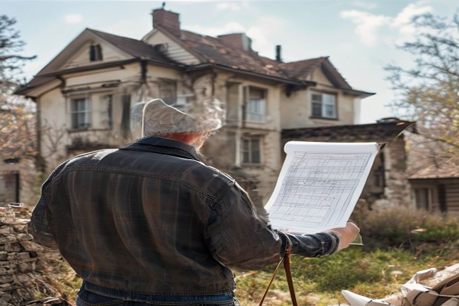 Um engenheiro ou arquiteto em frente a uma casa em reforma, com um plano enrolado na mão.