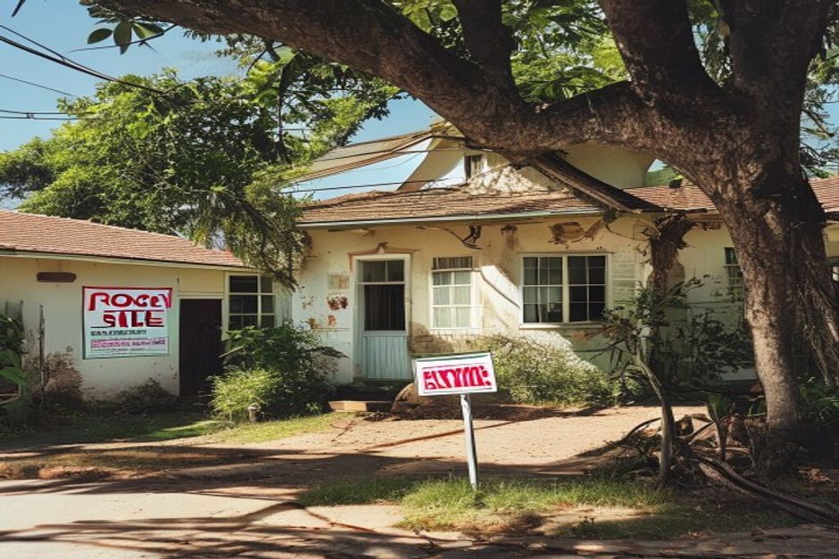 Custos ocultos reforma casa: Casa antiga e charmosa com um letreiro de 'vende-se' parcialmente escondido por uma árvore, em dia ensolarado.
