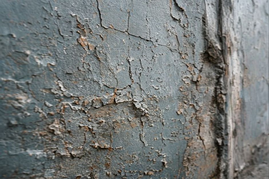 Parede antiga de uma casa com rachaduras e tinta descascando, mostrando sinais de desgaste.