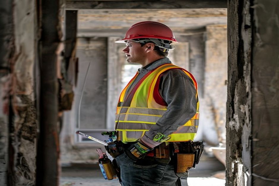 Engenheiro ou arquiteto com capacete inspecionando o interior de uma casa antiga e abandonada.