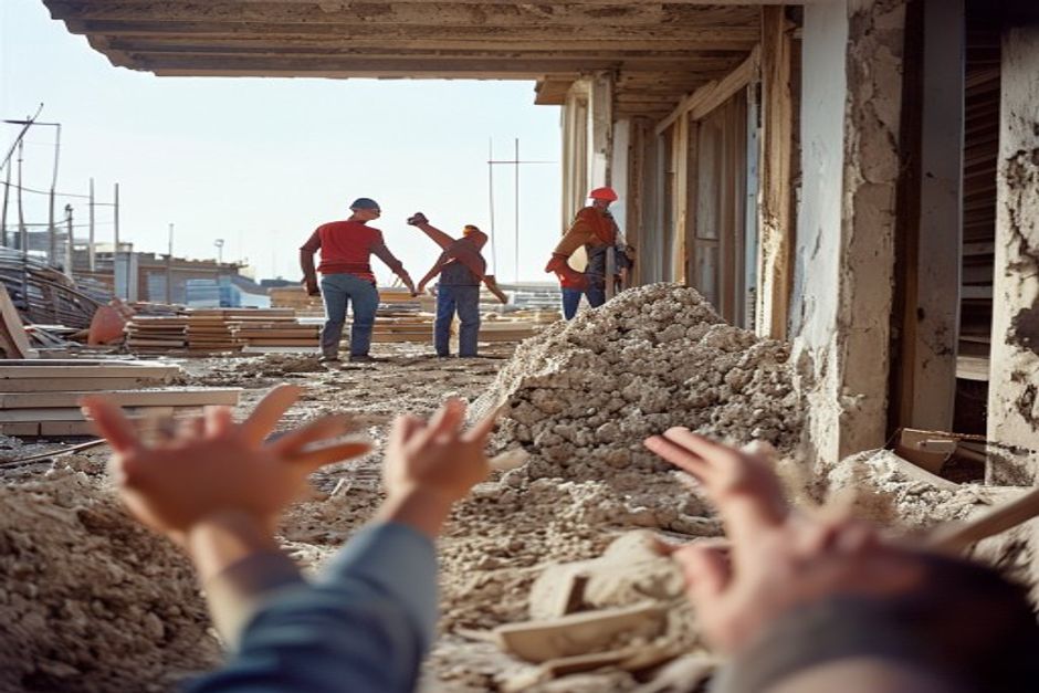 Canteiro de obras de reforma de casa com trabalhadores colaborando perto de uma parede parcialmente construída.