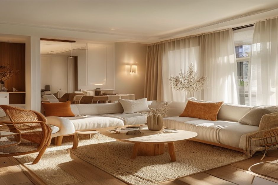 Sala de estar moderna e bem reformada, com luz natural acolhedora e móveis confortáveis.
