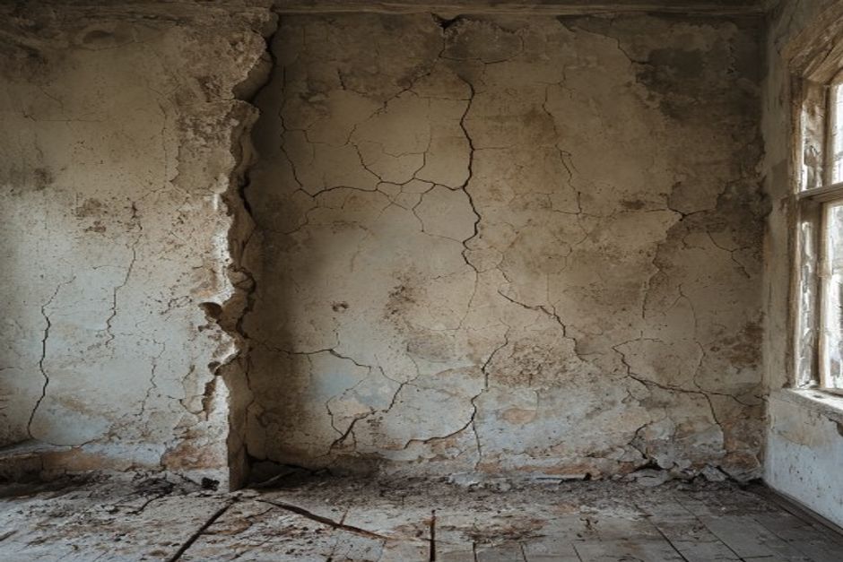 Recuperação Estrutural: Uma parede interna deteriorada em uma casa antiga e abandonada, com rachaduras visíveis e reboco descascando. Há um sinal sutil de umidade ascendente na base da parede, com luz natural iluminando o ambiente.