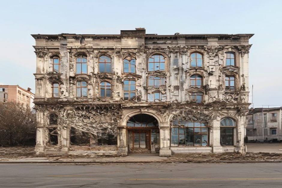 Uma imagem contrastante mostrando a fachada dilapidada de um prédio antigo ao lado de uma seção moderna e restaurada de um edifício similar, simbolizando renovação e custos.