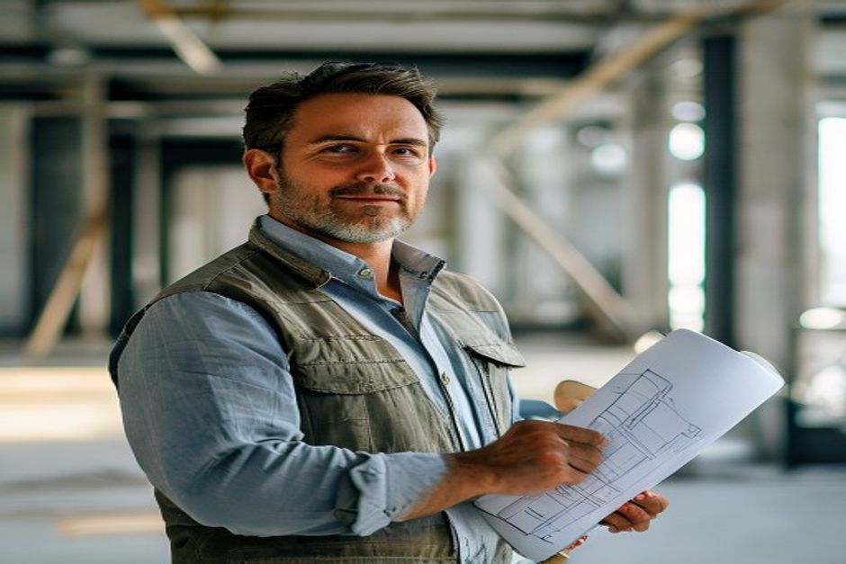 Um engenheiro estrutural adulto em um canteiro de obras ou escritório moderno, com uma planta enrolada sob o braço, representando a expertise profissional e a análise técnica.