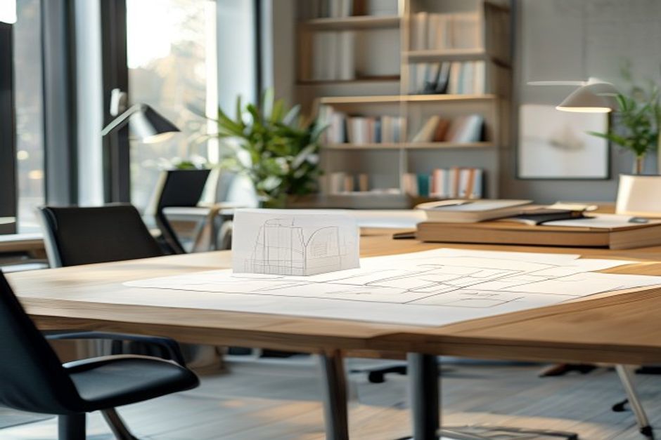Uma mesa limpa em um escritório contemporâneo e minimalista, com um diagrama abstrato ou um modelo arquitetônico estilizado, sugerindo planejamento e orçamento detalhados.