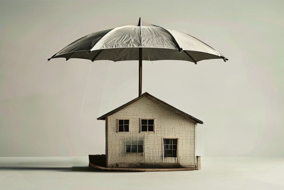 Um escudo ou guarda-chuva protetor abstrato pairando sobre uma casa estilizada, simbolizando decisões sábias e cálculos precisos na recuperação estrutural.