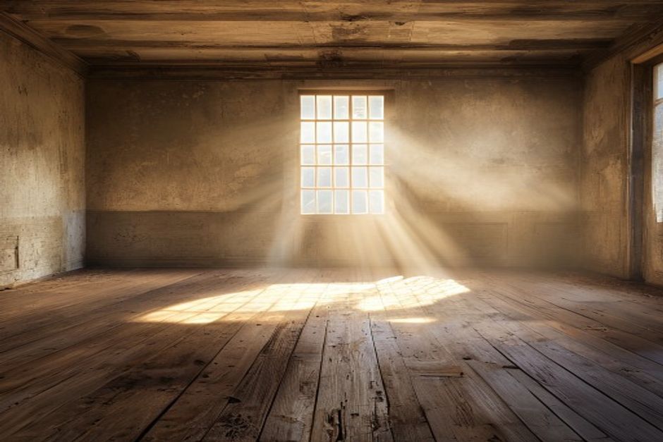 Reforma casa abandonada é barata: Interior de um cômodo vazio em casa antiga, com luz solar entrando pela janela.