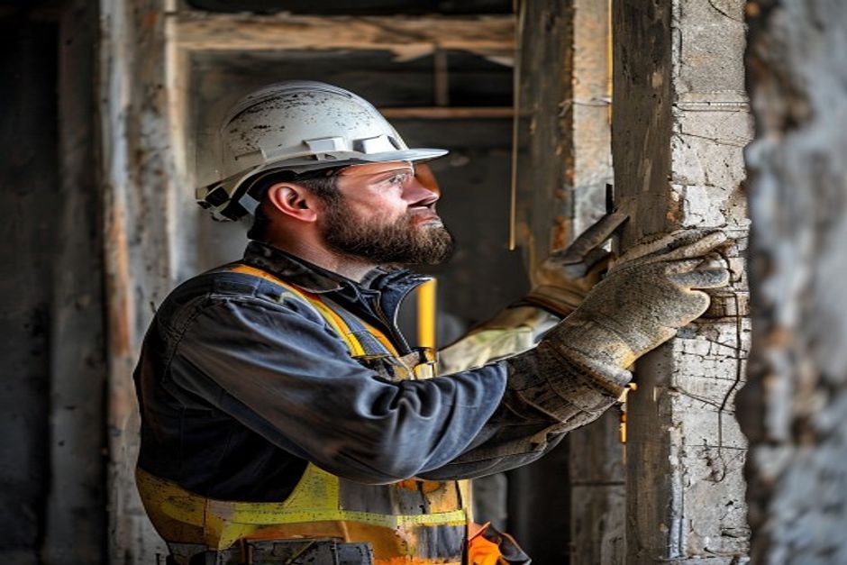 Trabalhador da construção com capacete examinando uma parede dentro de uma casa antiga.