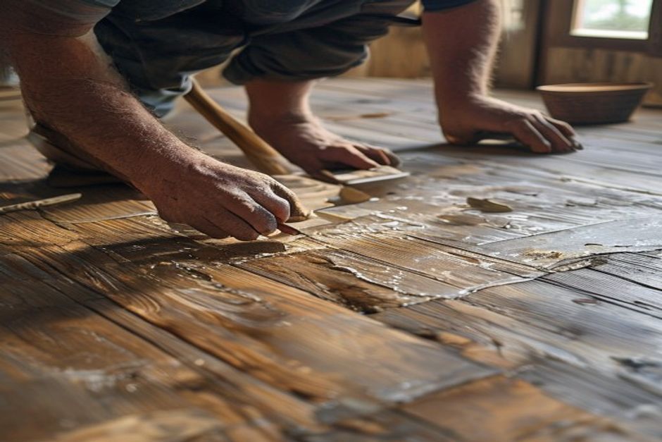 Artesão aplicando massa de madeira em uma fenda no piso, com ferramentas próximas.