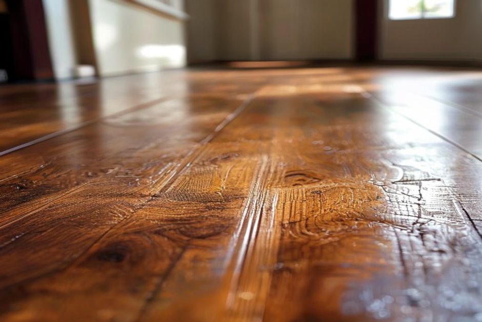 Piso de madeira recém-envernizado com acabamento brilhante, refletindo a luz ambiente.