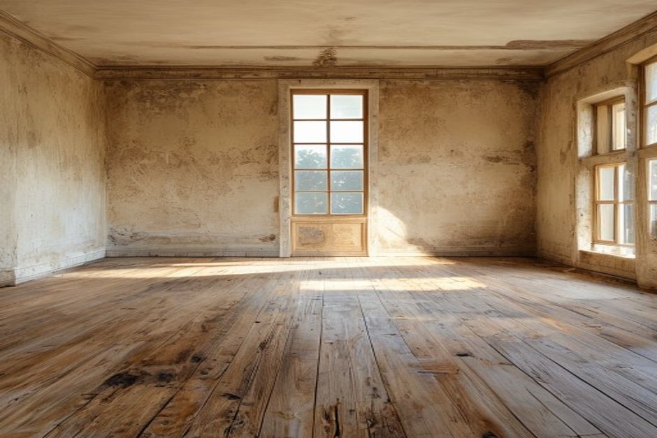Restaurar piso de madeira: Um quarto espaçoso de uma casa antiga com um piso de madeira desgastado, recebendo luz natural.