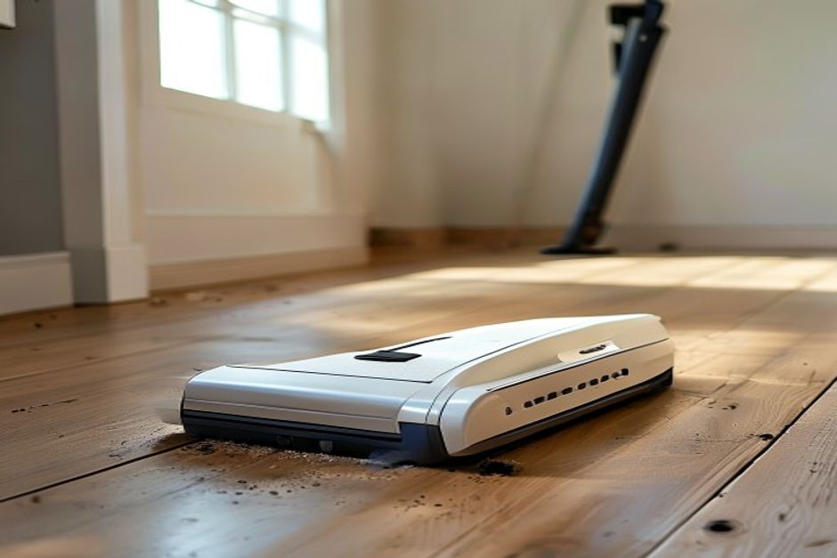 Lixadeira elétrica moderna sobre um piso de madeira, pronta para ser usada na restauração.
